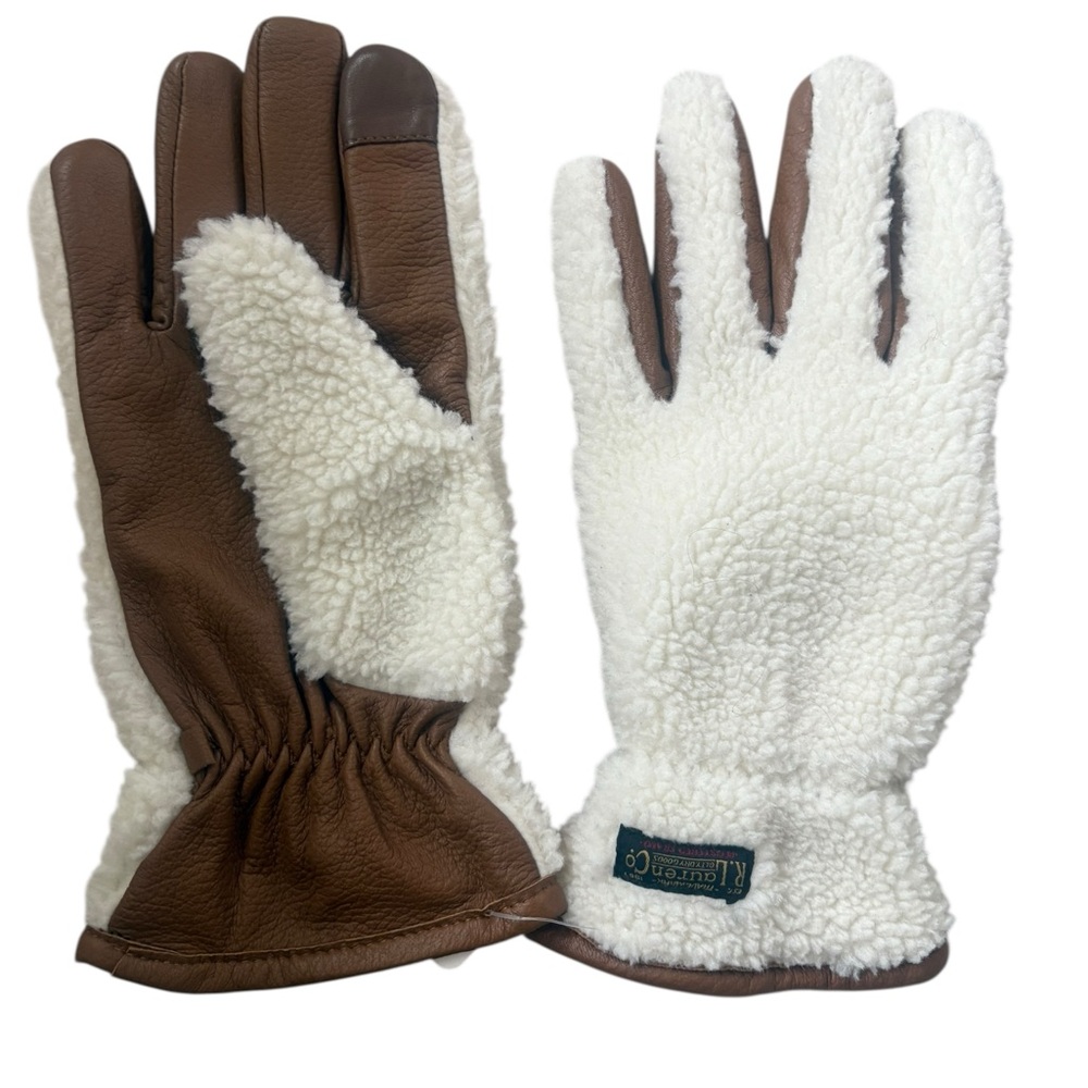 Polo Ralphs Lauren Fleece & Leather Insulated Touch Gloves White/Tan Size M - Picture 7 of 12